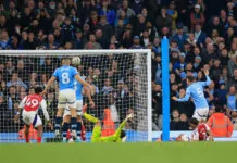 Manchester City v Arsenal Premier League 22/09/2024. John Stones (5) of Manchester City scores to make it 2 2 during the